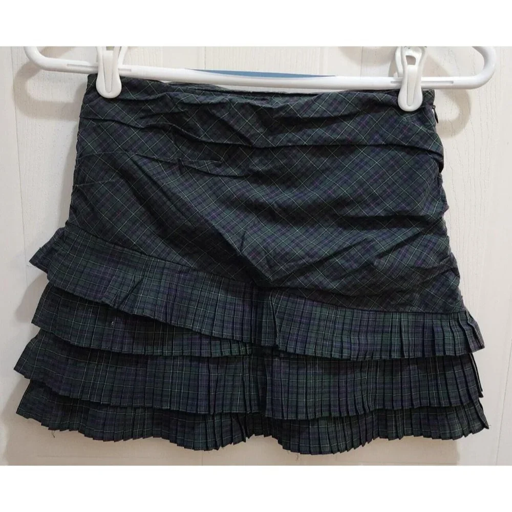Ralph Lauren Girls Ruched Tiered Pleated Skirt‎ Side Zip Green Plaid 10 *Sample*